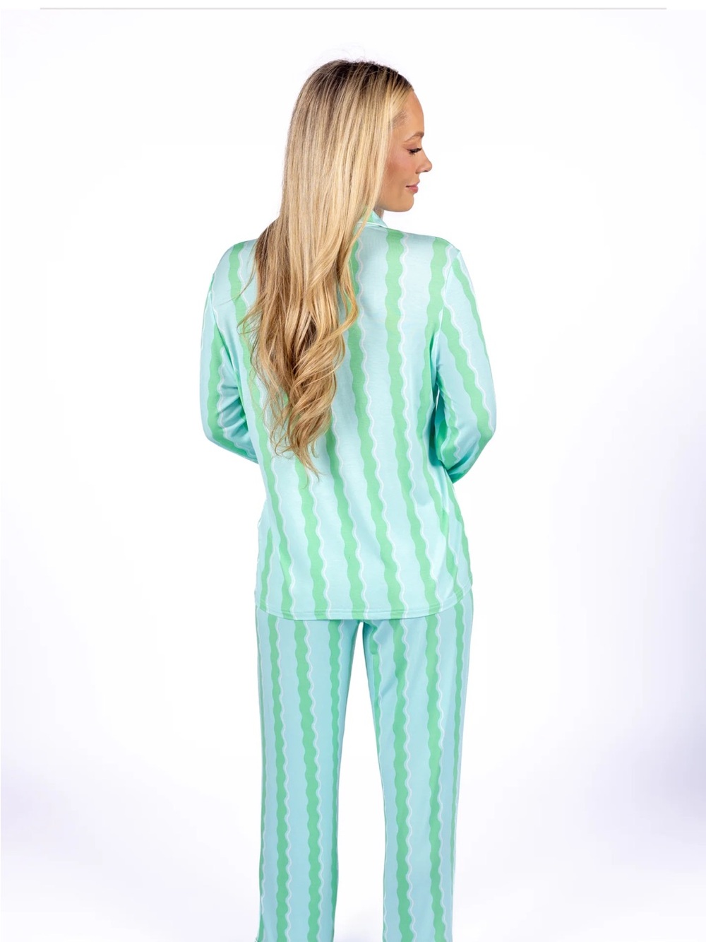 Striped Mint Green Women's Pajama Set - Relaxed Button-Up Top & Pants - Picture 2 of 4